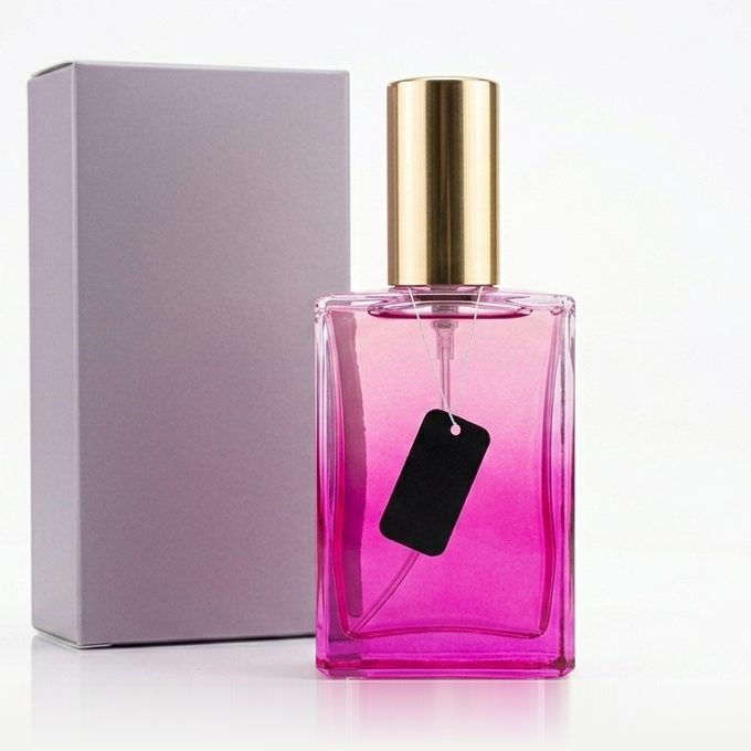 Pink T2M fragrance bottle with a black tag